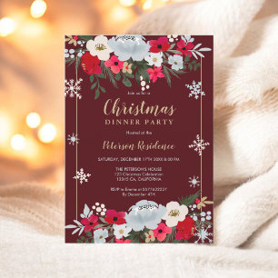 Invitation Rouge or Chic floral fleur de neige Noël
