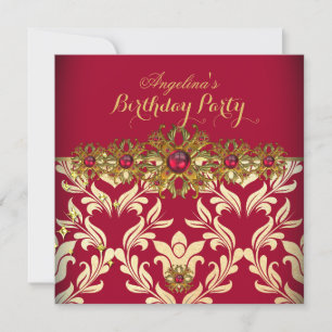 Invitation Rouge Or Damassé Élégante Fête d'Anniversaire