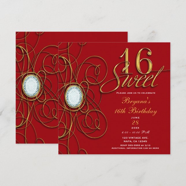 Invitation Rouge & Or Diamond Sweet 16 Anniversaire (Devant / Derrière)