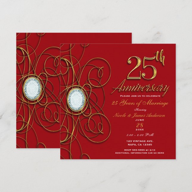 Invitation Rouge & Or Élégant Diamant 25e Anniversaire (Devant / Derrière)