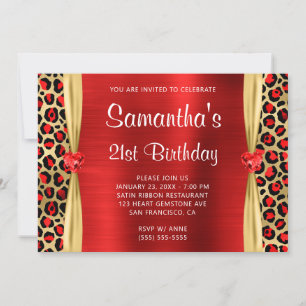 Invitation Rouge Or Léopard Feuille Gemme Cœur 21e Anniversai