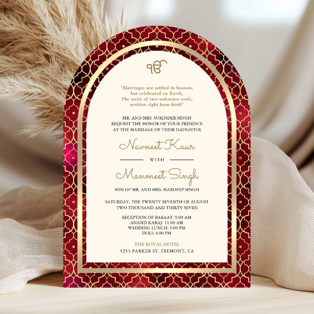 Invitation Rouge Or Marocain Code QR Mariage Arche Sikh (Front)