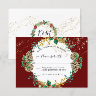 Invitation Rouge or Noël RSVP Holly Pine Cone Wreath