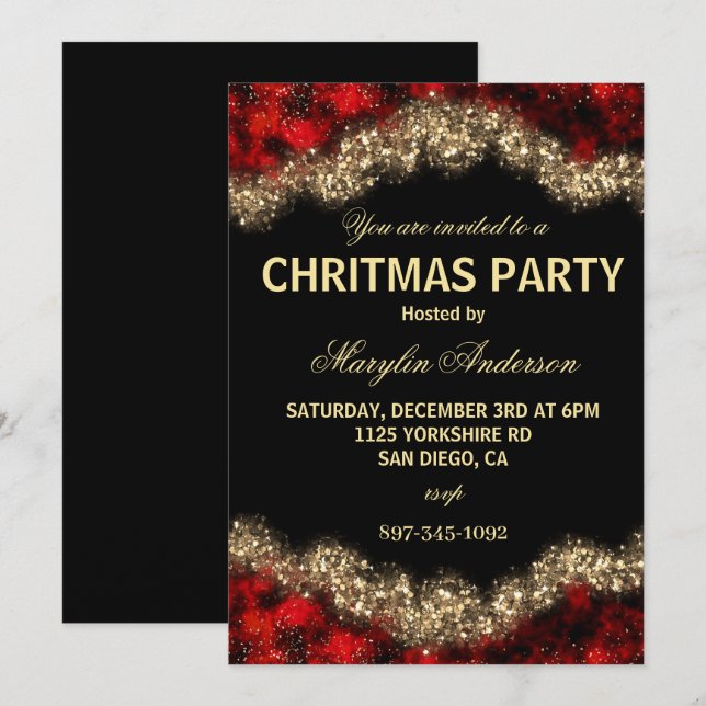 INVITATION ROUGE & OR NOËL SHIMMER PERSONNALISÉ (Devant / Derrière)