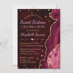 Invitation Rouge & Or Paillettes Agate et marbre Sweet 16