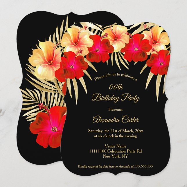 Invitation Rouge or Palmes noires Hibiscus Floral Anniversair (Devant / Derrière)