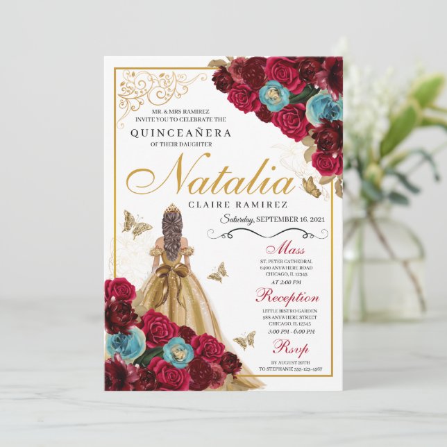 Invitation Rouge or Turquoise Floral Quinceanera Anniversaire (Debout devant)
