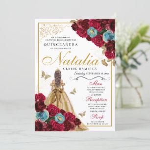 Invitation Rouge or Turquoise Floral Quinceanera Anniversaire