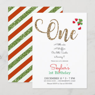 Invitation Rouge Or & Vert Noël Fête 1er Anniversaire En