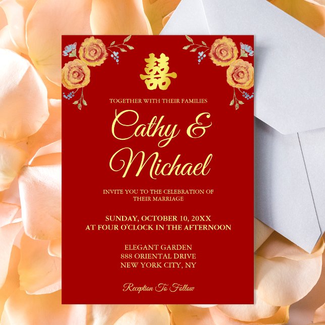 Invitation Rouge orange floral chinois mariage double bonheur (Traditional Chinese wedding invitation red invite orange watercolor flowers double happiness)