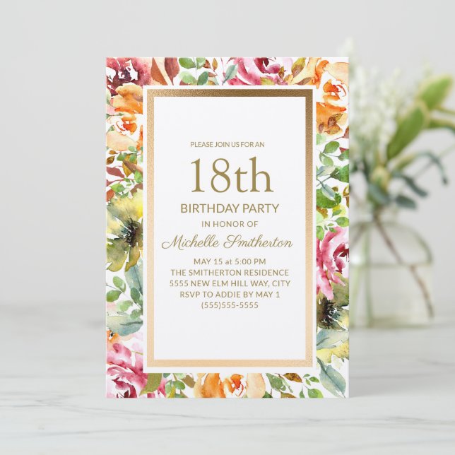 Invitation Rouge Orange Floral Vert Feuille Or 18ème annivers (Debout devant)