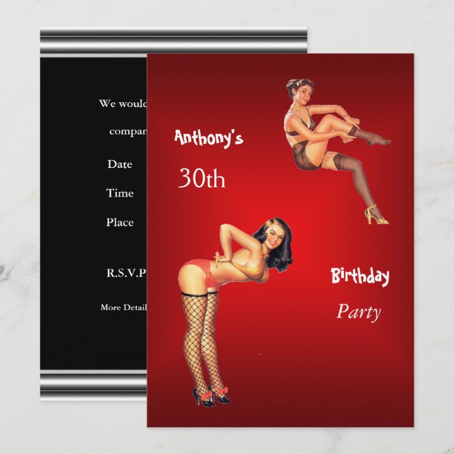 Invitation rouge Pin-up Girls rouge fête d'anniver (Devant / Derrière)