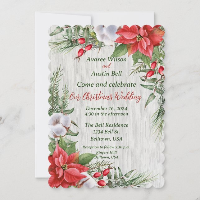 Invitation Rouge Poinsettia Feuilles verts Mariage de Noël (Devant)