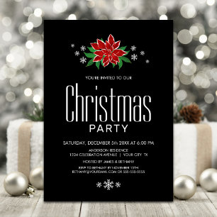 Invitation Rouge Poinsettia Noir minimaliste fête de Noël