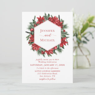 Invitation Rouge Poinsettia Pine vert Mariage blanc