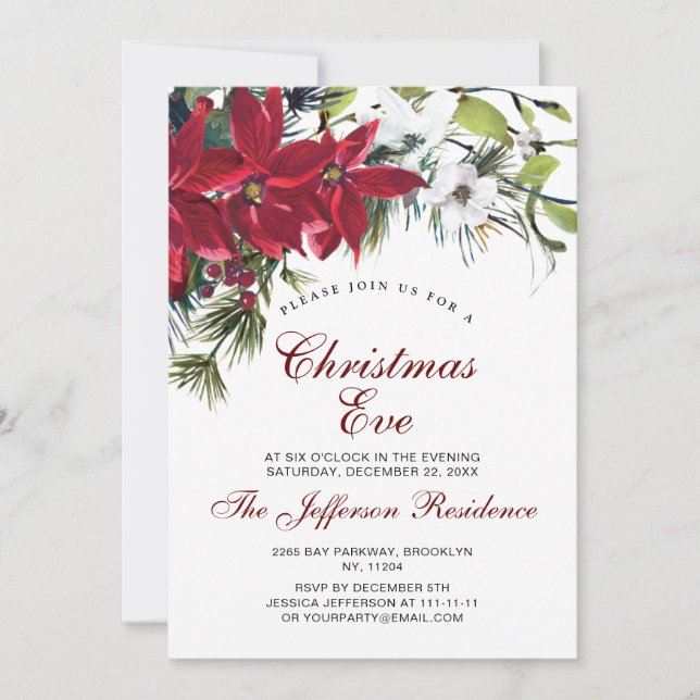 Invitation Rouge Poinsettia Soirée de Noël Aquarelle (Devant)