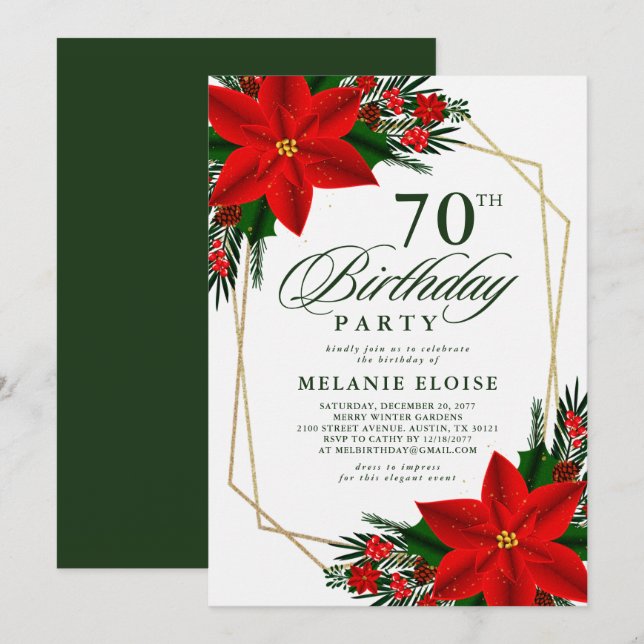 Invitation Rouge Poinsettia verdure Noël Anniversaire (Devant / Derrière)