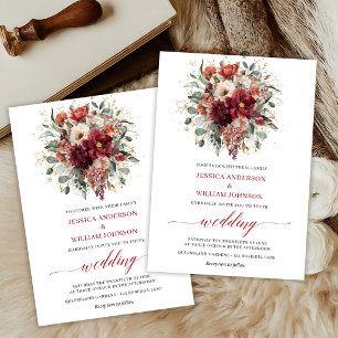 Invitation Rouge profond Boho Floral Automne Eucalyptus Maria