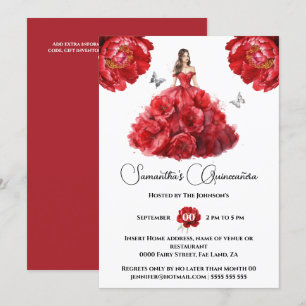 Invitation Rouge Quinceañera fleurs florales de pivoine