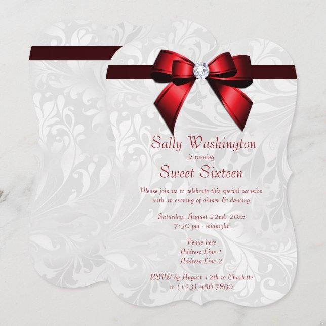 Invitation Rouge romantique Bow & Damask Sweet 16 (Devant / Derrière)