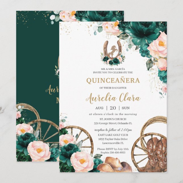 Invitation Rouge rose émeraude Vert sauvage Ouest Quinceañera (Devant / Derrière)