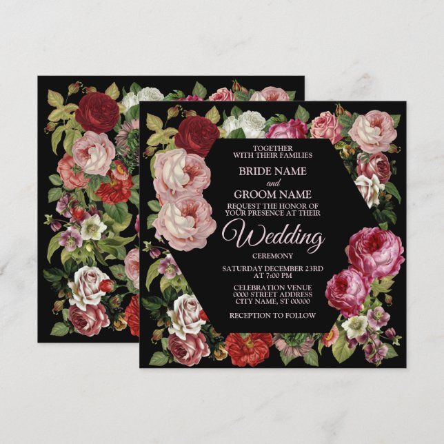 Invitation Rouge rose floral vert Mariage noir rustique (Devant / Derrière)