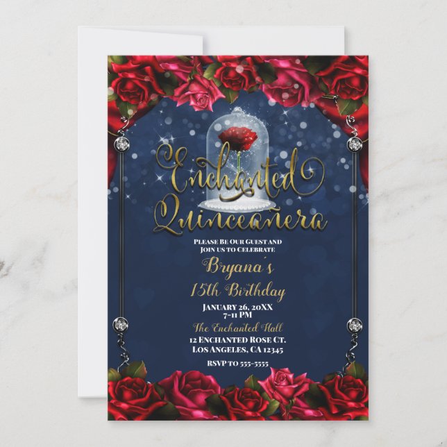Invitation Rouge Rose Marine Bleu Or Enchantée Quinceañera 15 (Devant)