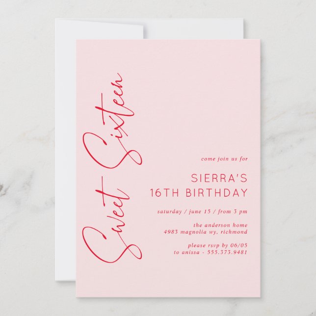 Invitation Rouge rose vif Script doux 16 Anniversaire (Devant)