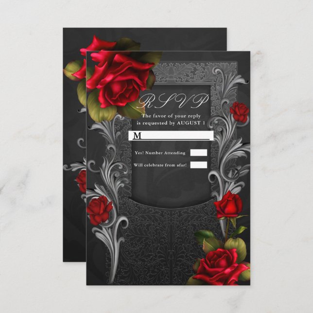 Invitation Rouge Roses Black Ornate Glam Wedding RSVP Réponse (Devant / Derrière)