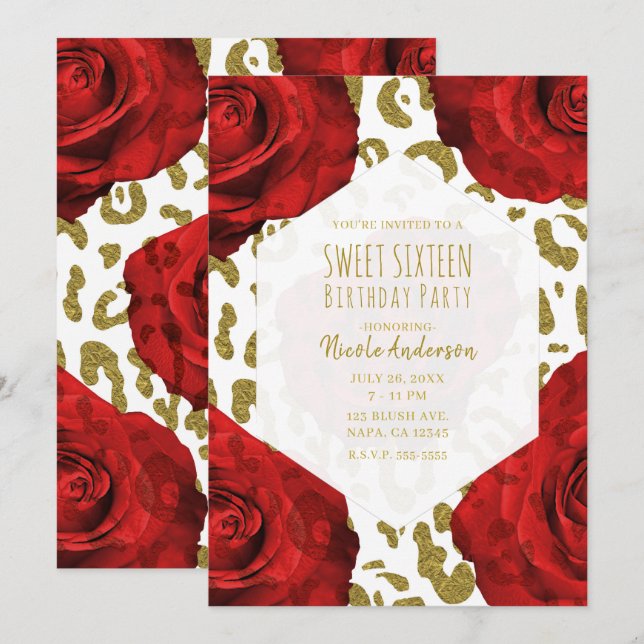 Invitation Rouge Roses Blanc Or Cheetah Leopard Sweet 16 Invi (Devant / Derrière)