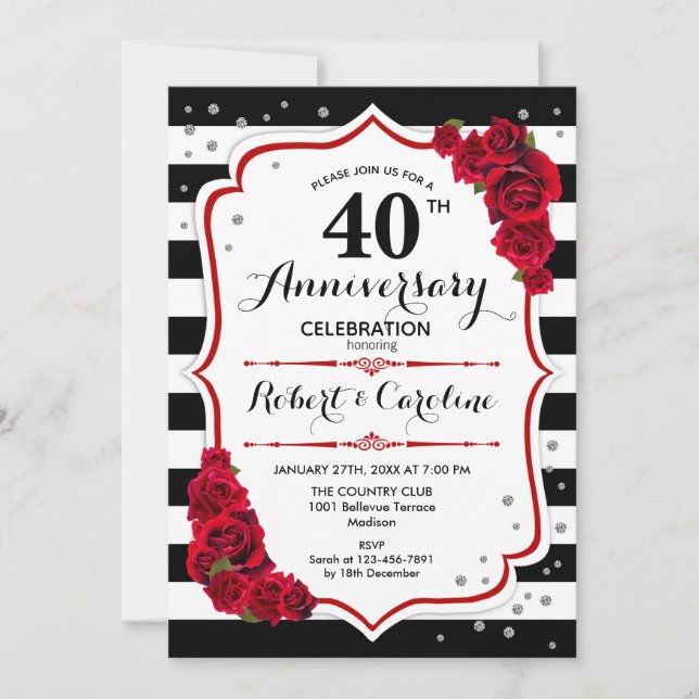 Invitation Rouge Rubis 40e Anniversaire - Rayures Noires Blan (Devant)