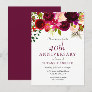 Invitation Rouge Rubis Bourgogne Floral 40e Anniversaire de M