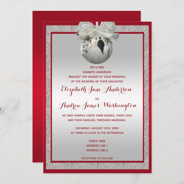 Invitation Rouge Ruby Classé & Mariage de Noël Sparkly Bauble (Devant / Derrière)