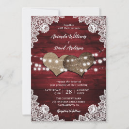 Invitation Rouge Rustique Bois Burlap Dentelle Mariage