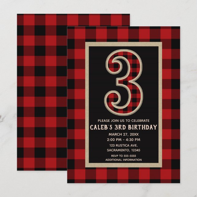 Invitation Rouge rustique Buffle Noir Plaid 3ème fête d'anniv (Devant / Derrière)