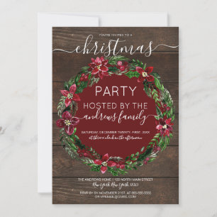 Invitation Rouge rustique Holly Floral Wreath Bois Noël