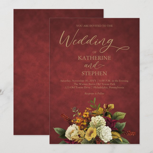 Invitation Rouge rustique | Orange | Mariage Bouquet Floral O (Devant / Derrière)