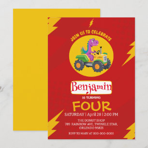 Invitation ROUGE thunder Cute dinosaur camion école Anniversa