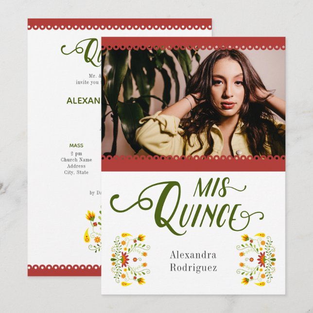Invitation Rouge traditionnel mexicain Floral Photo Quinceane (Devant / Derrière)