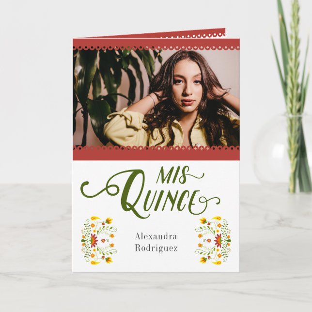 Invitation Rouge traditionnel mexicain Floral Photo Quinceane (Devant)