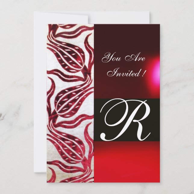 Invitation ROUGE VELVET DAMASK TULIPS MONOGRAMME Or Bourgogne (Devant)