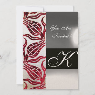 Invitation ROUGE VELVET DAMASK TULIPS MONOGRAMME Or Bourgogne
