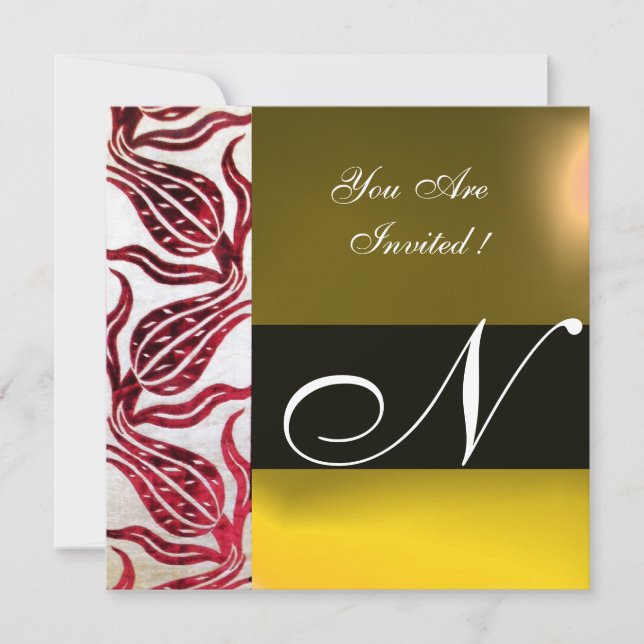 Invitation ROUGE VELVET DAMASK TULIPS MONOGRAS Bourgogne Jaun (Devant)