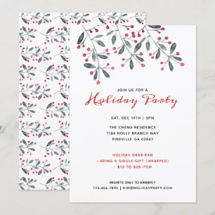 Invitation Rouge & Vert Aquarelle Holly Noël Party