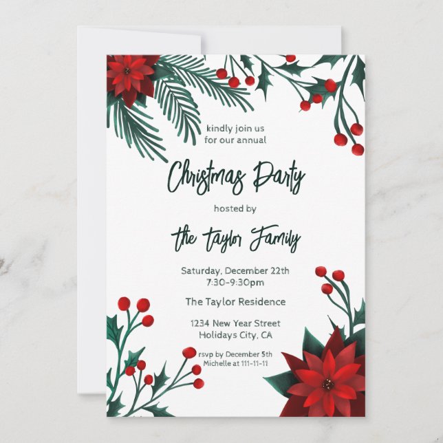 Invitation Rouge Vert Floral Motif de la couronne de Noël Inv (Devant)