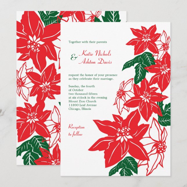 Invitation Rouge & Vert Noël Poinsettias Mariage de vacances (Devant / Derrière)