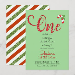 Invitation Rouge & Vert Paillettes Noël Fête 1er Anniversaire