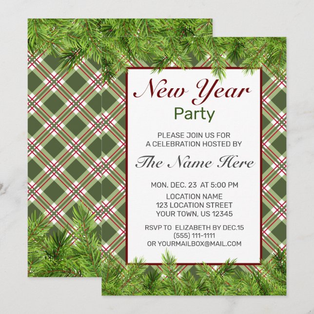 Invitation Rouge vert Plaid & Pine Branch New Year Party (Devant / Derrière)