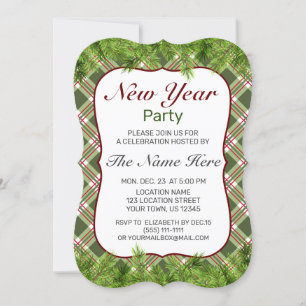 Invitation Rouge vert Plaid & Pine Branch New Year Party