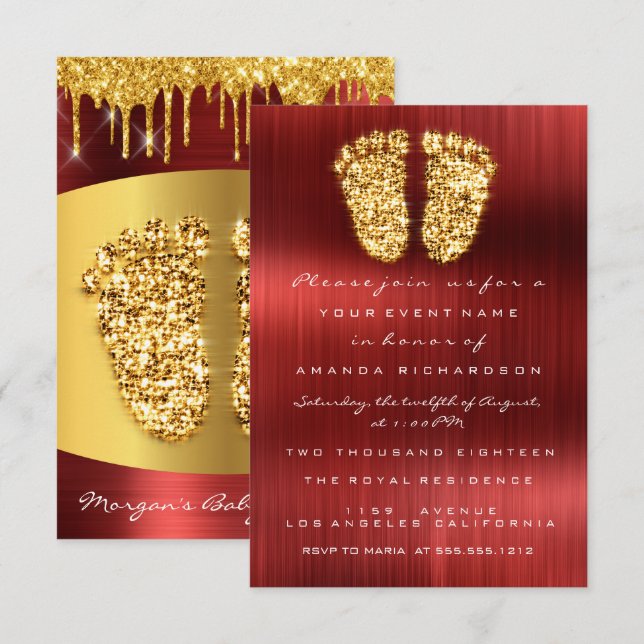 Invitation Rouges en tapis or Baby shower Royal Pieds Garçon (Devant / Derrière)